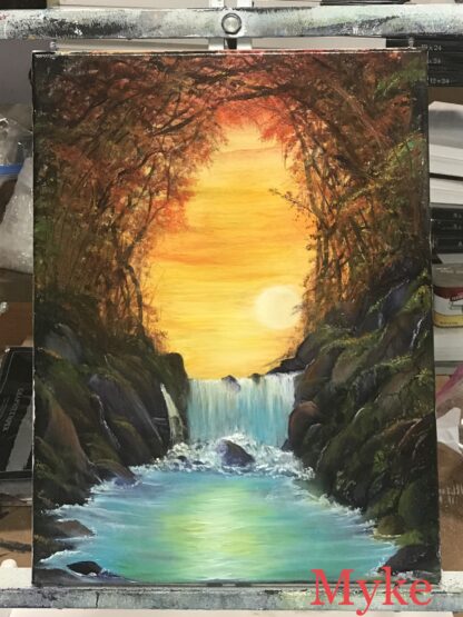Landscape Painting  " Waterfall Sunset " Class w/ Myke   {Bob Ross CRI} 8/23/20